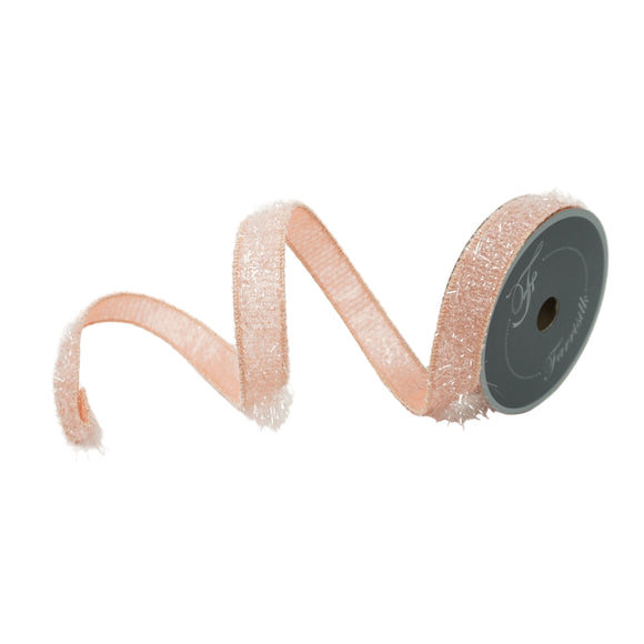 A roll of light pink, wired ribbon, with a visible brand logo on the inner core.